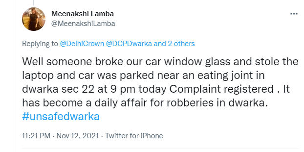 Meenakshi Lamba's tweet about the laptop theft in Dwarka's Sector 22
