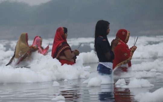 White froth has emerged in river Yamuna amid Chhath Puja celebrations