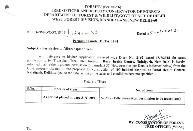 Permission granted to remove 57 trees from Najafgarh Rural Health Centre